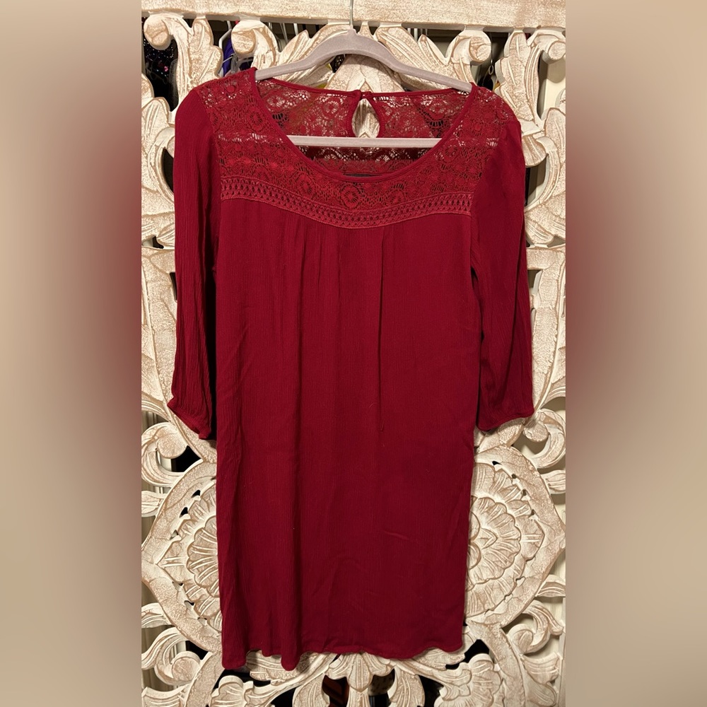 Boho Wine Red 3/4 Sleeve Lined Dress Sz L